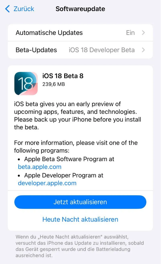 北塔苹果手机维修分享苹果 iOS / iPadOS 18 开发者预览版 Beta 8 发布 